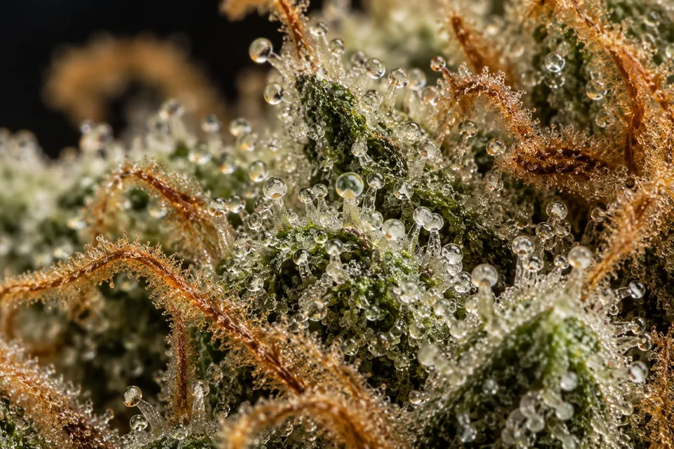 Extreme close-up of cannabis trichomes, tiny glassy mushroom-shaped crystals on the bud