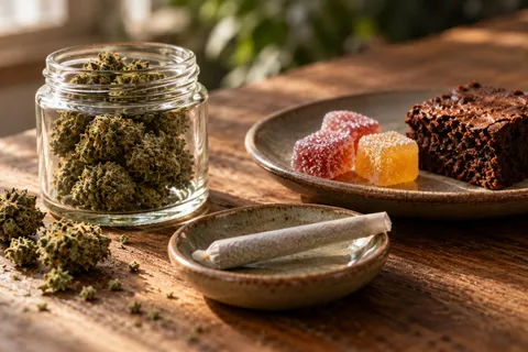 A jar of cannabis buds, a rolled joint on a dish, and a plate with gummies and a brownie on a wooden table