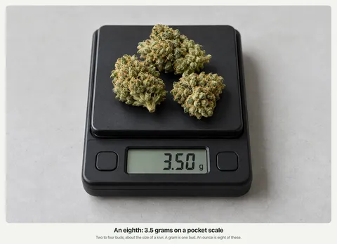 A small black pocket scale showing 3.50 grams with three dried cannabis buds on its tray.