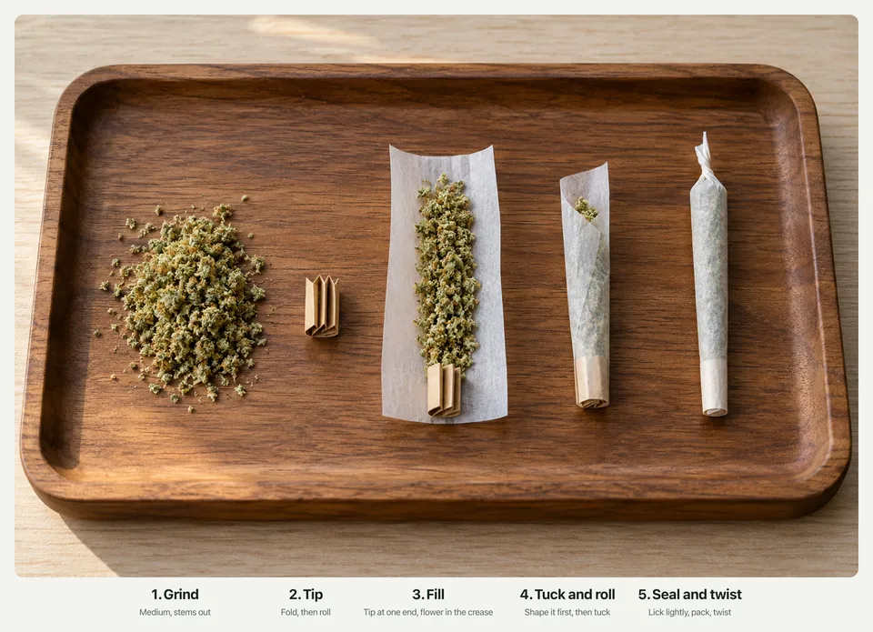Five stages of rolling a joint on a wooden tray: ground flower, a folded tip, a filled paper, a half-rolled joint, and a finished cone.