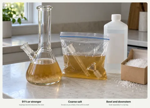 A glass bong half full of amber alcohol and salt next to a zip bag soaking the bowl and downstem, a bottle of isopropyl alcohol and a box of coarse salt.