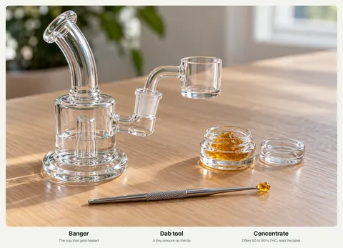 A small glass dab rig with a quartz banger, a metal dab tool with a smear of amber concentrate, a jar of concentrate and a carb cap.