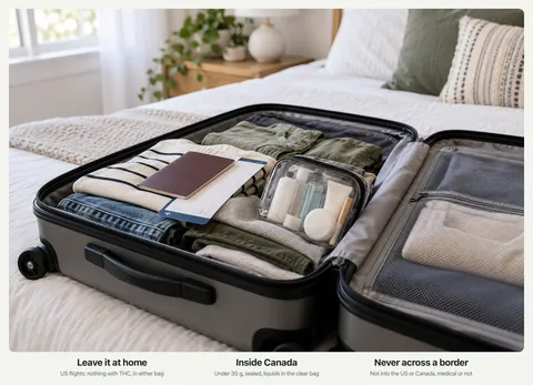 An open carry-on suitcase on a bed with folded clothes, a passport, a boarding pass and a clear bag of toiletries, with the labels Leave it at home, Inside Canada, and Never across a border.