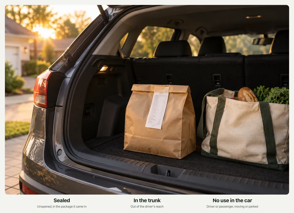 The open trunk of a car in a driveway at sunset with a sealed brown paper bag and a canvas grocery bag inside, with the labels Sealed, In the trunk, and No use in the car.