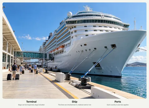 A white cruise ship docked at a sunny terminal, with passengers walking along the pier with rolling suitcases, with the labels Terminal, Ship, and Ports.