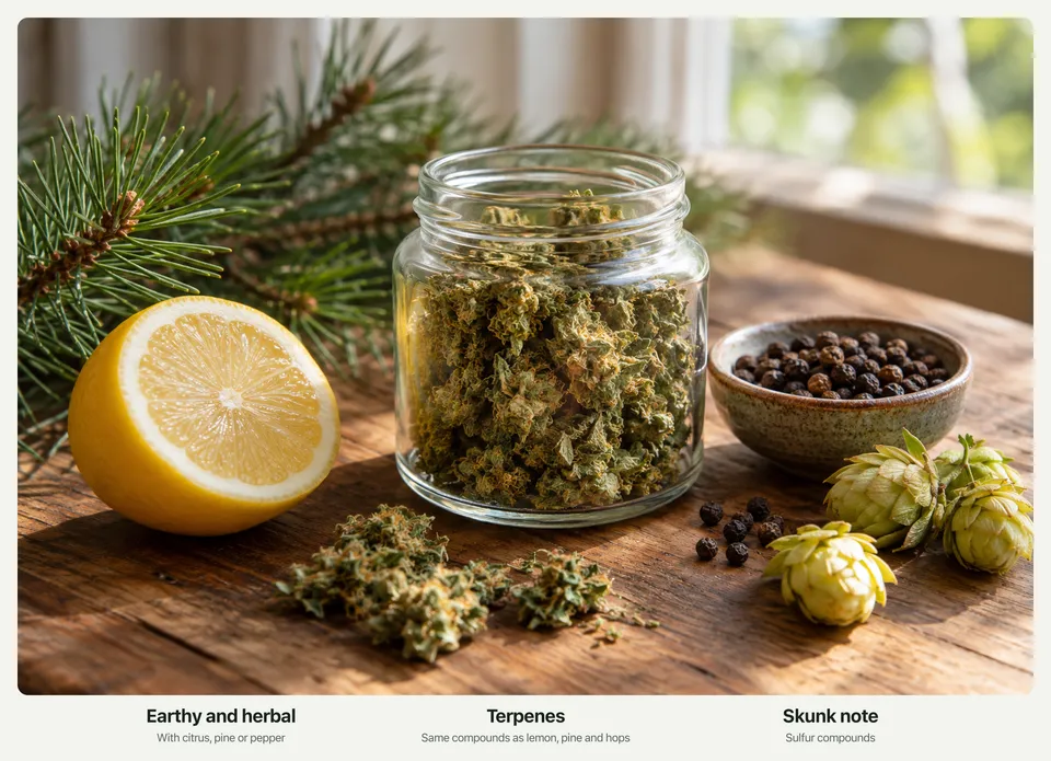 An open jar of cannabis buds on a wooden table beside a halved lemon, a pine sprig, a bowl of peppercorns and hop cones, with the labels Earthy and herbal, Terpenes, and Skunk note.