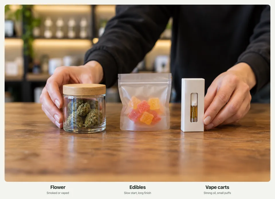 A budtender's hands setting a jar of cannabis buds, a bag of gummies and a vape cartridge box on a dispensary counter, with the labels Flower, Edibles, and Vape carts.
